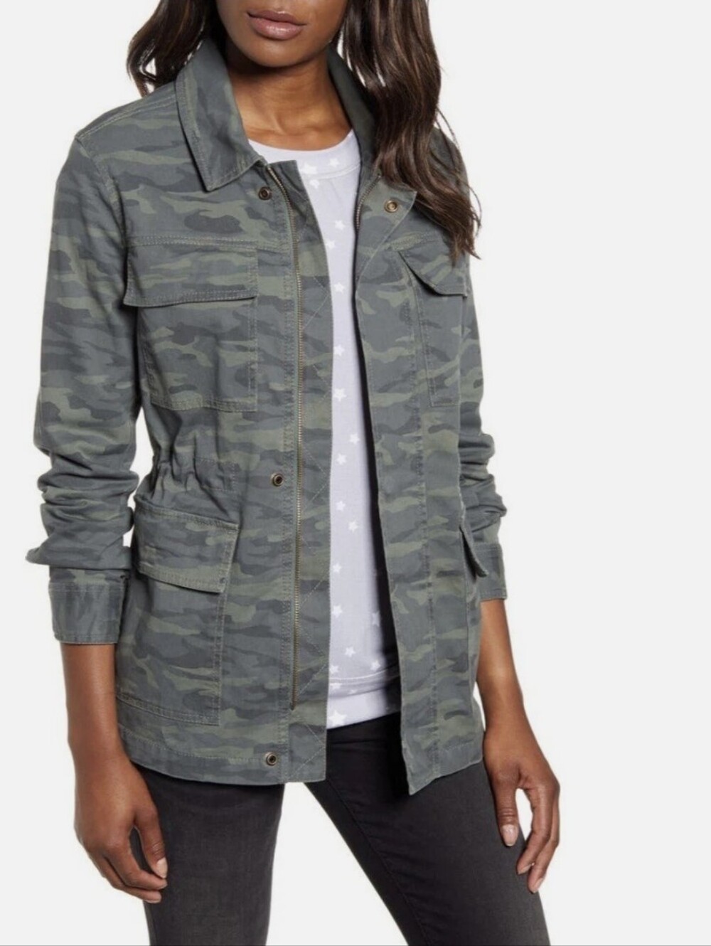 Caslon Nordstrom Metallic Stitch Camo Utility Jacket Green Cargo PXS Petite XS